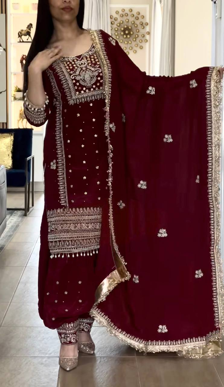 Deep Crimson Pearl-Trimmed Suit